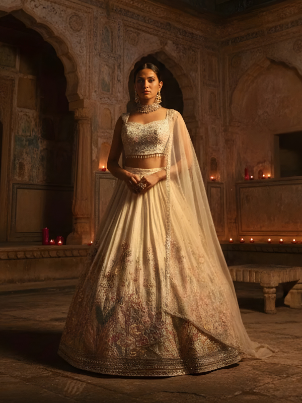 Ivory Floral Embroidered Bridal Lehenga Set