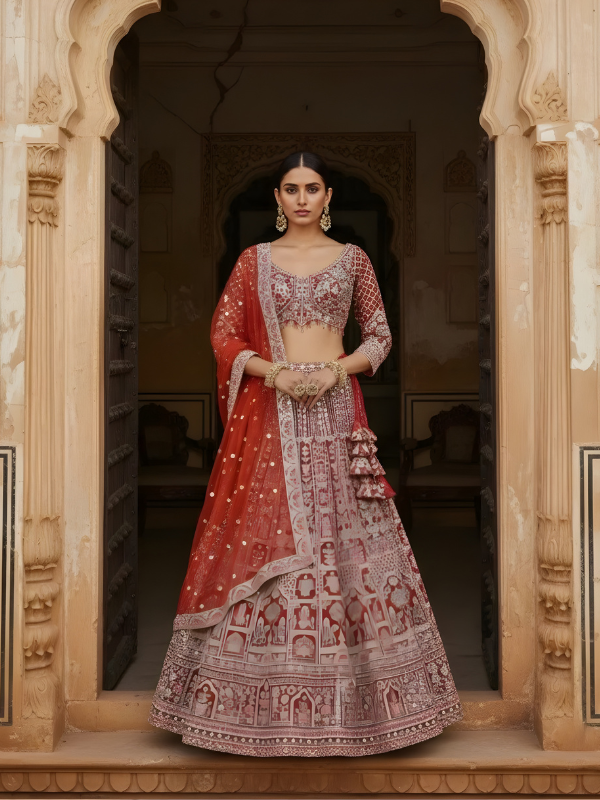 Crimson Darbar Hand-Embroidered Bridal Lehenga Set