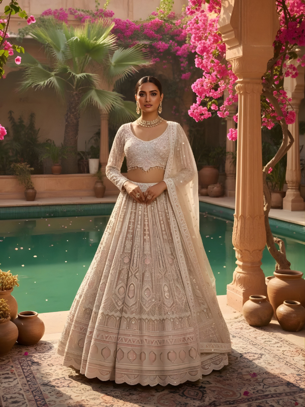 Ivory Blush Jaal Hand-Embroidered Bridal Lehenga Set