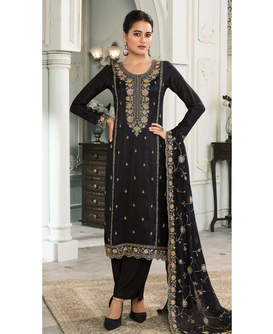 Latest Munda Silk Black Straight Suit For Women Wear - Image 2