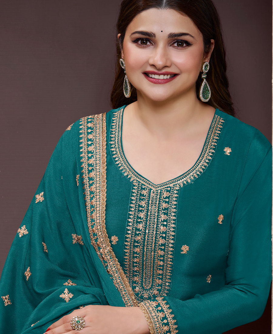 Traditional Rama Green Chinon Palazzo Set For Women