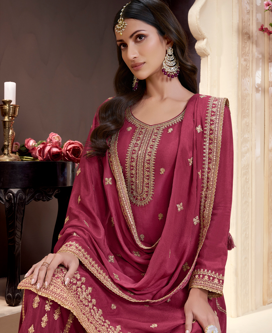 Traditional Rani Pink Chinon Palazzo Set For Women