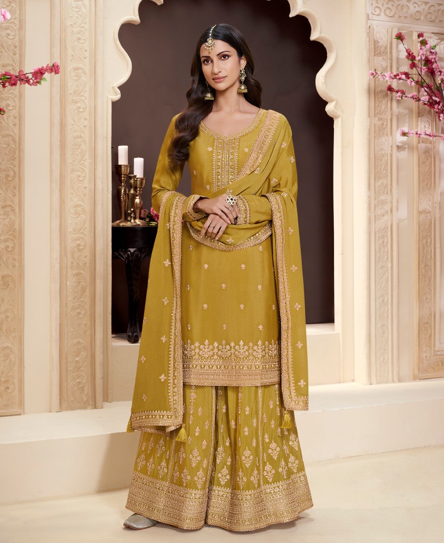 Traditional Yellow Chinon Palazzo Set For Women - Image 2