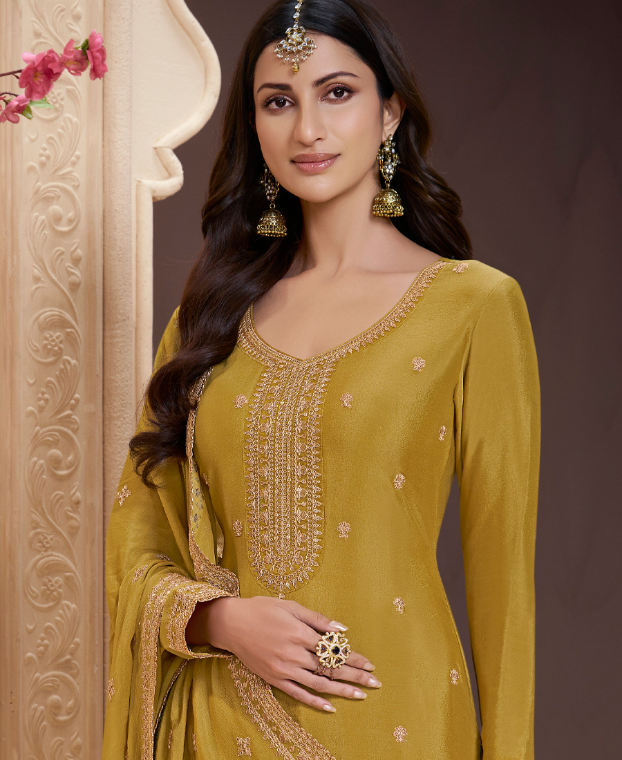 Traditional Yellow Chinon Palazzo Set For Women