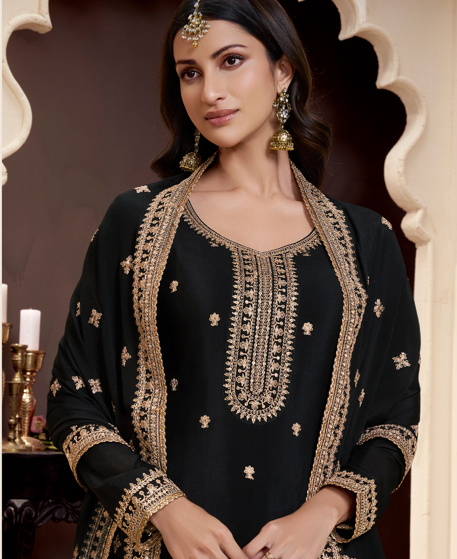 Traditional Black Chinon Palazzo Set For Women