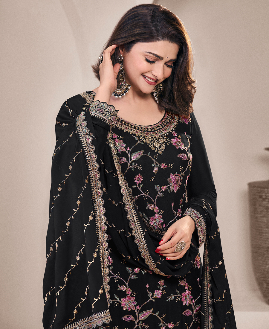 Traditional All Black Chinon Palazzo Set For Women - Image 4