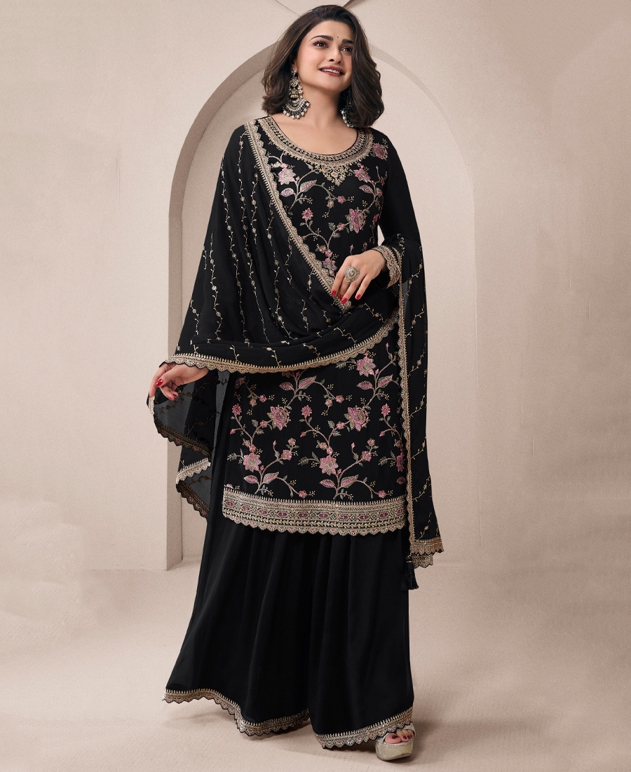 Traditional All Black Chinon Palazzo Set For Women - Image 3