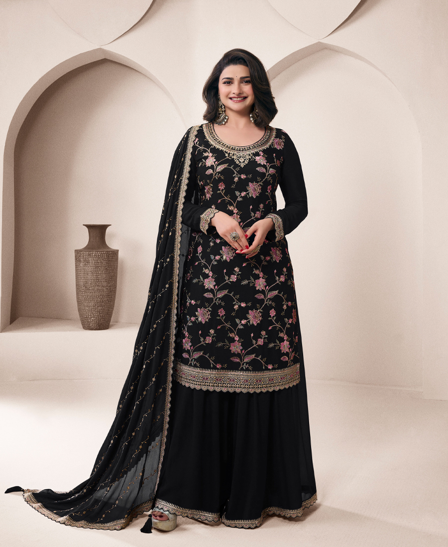 Traditional All Black Chinon Palazzo Set For Women - Image 2