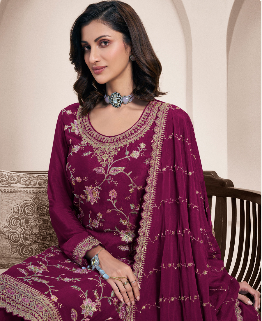 Traditional All Magenta Chinon Palazzo Set For Women