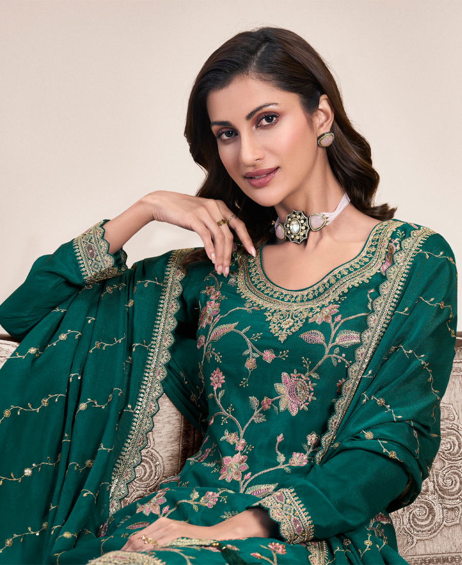 Traditional All Green Chinon Palazzo Set For Women