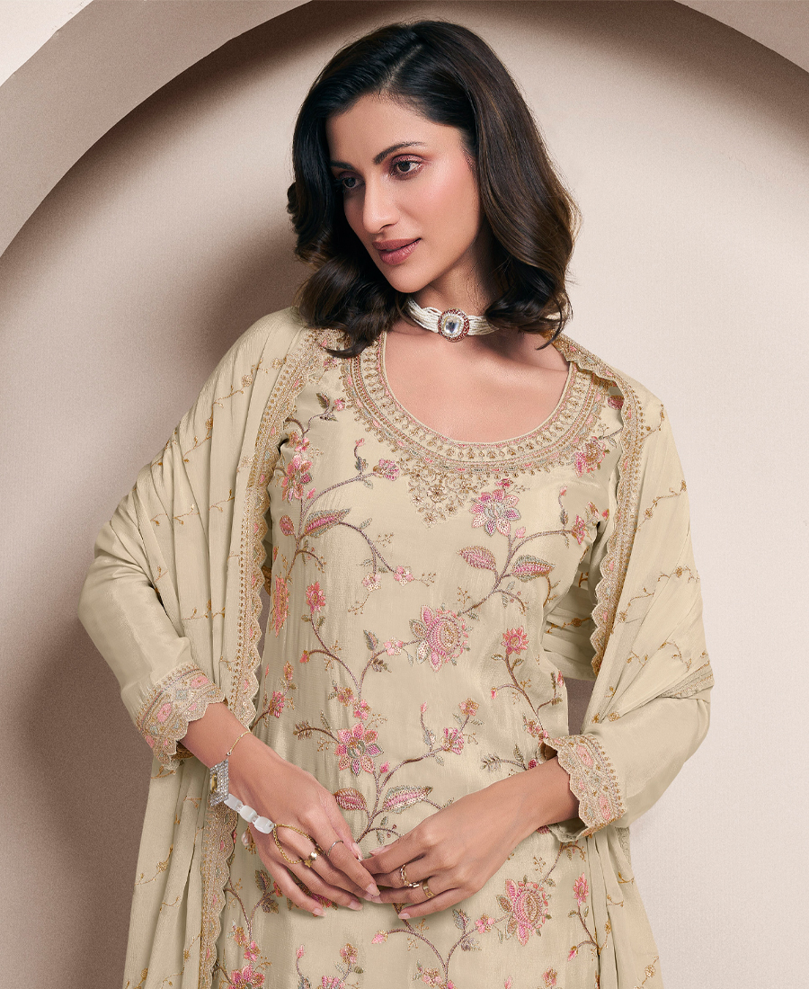 Traditional All White Chinon Palazzo Set For Women