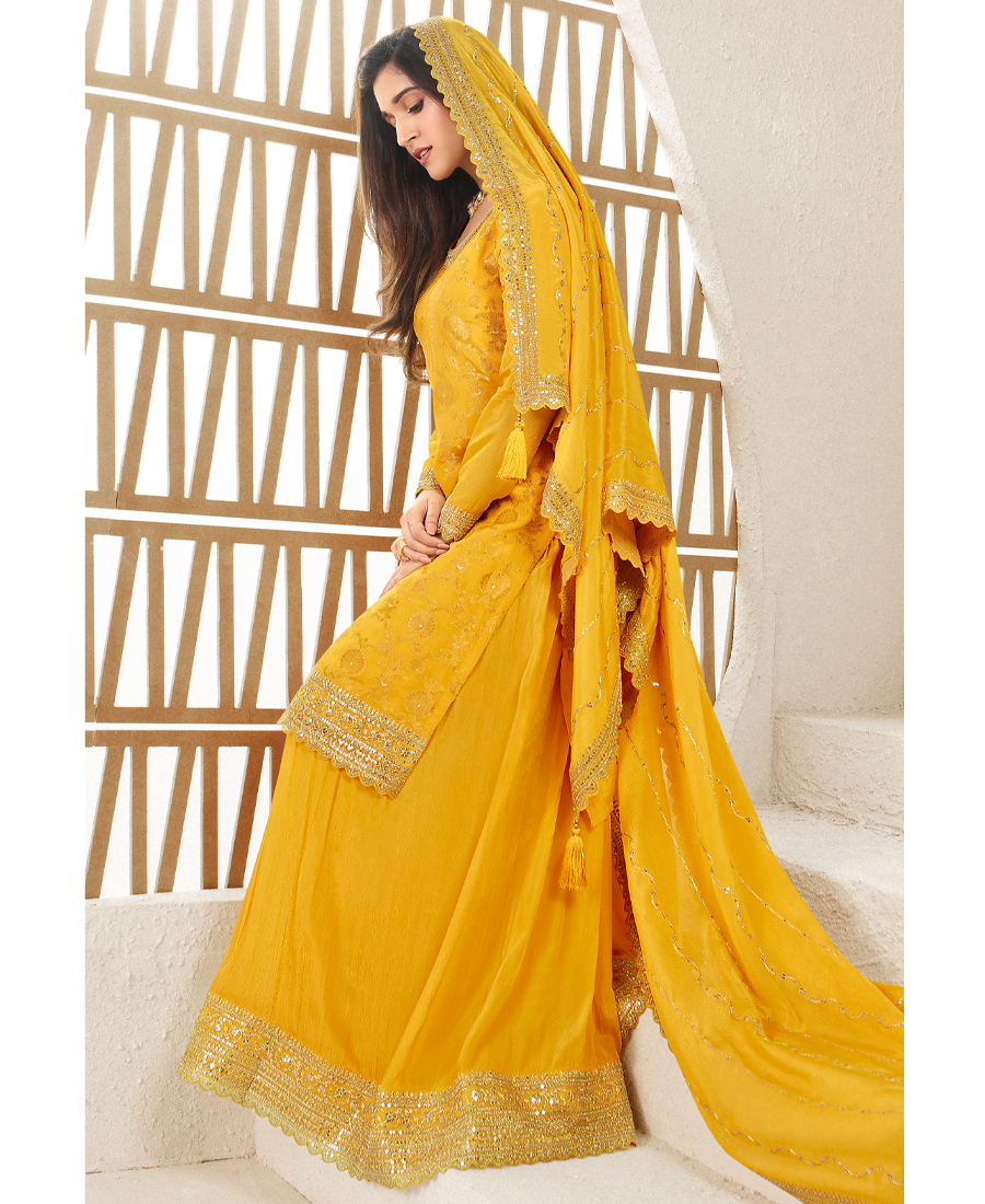 Designer Jeqaurd Yellow Palaazo Suit For Women Ethnic Wear