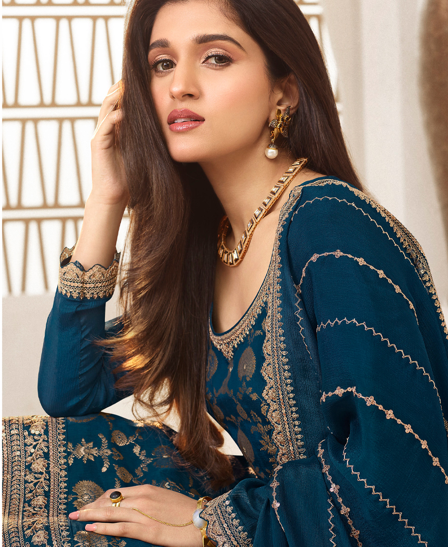 Designer Jeqaurd Blue Palaazo Suit For Women Ethnic Wear