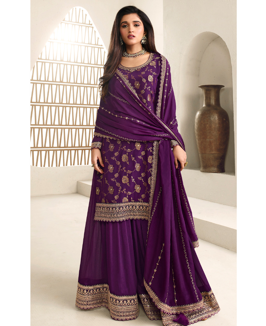 Designer Jeqaurd Purple Palaazo Suit For Women Ethnic Wear - Image 2