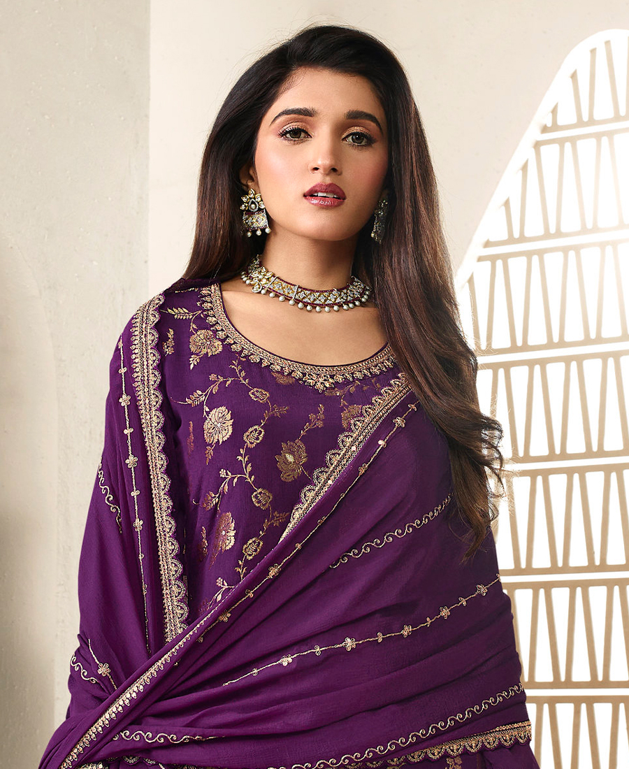 Designer Jeqaurd Purple Palaazo Suit For Women Ethnic Wear - Image 3