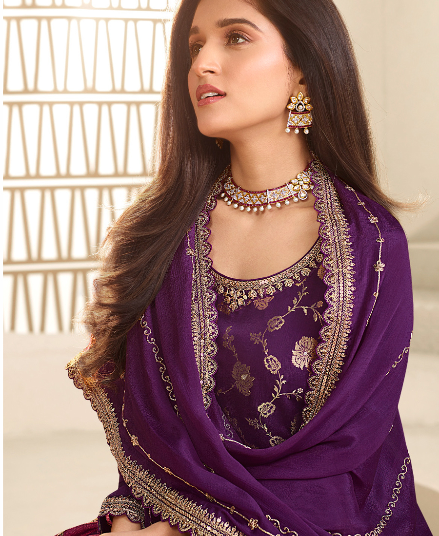Designer Jeqaurd Purple Palaazo Suit For Women Ethnic Wear