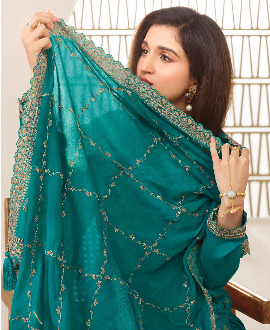 Designer Jeqaurd Sky Blue Palaazo Suit For Women Ethnic Wear