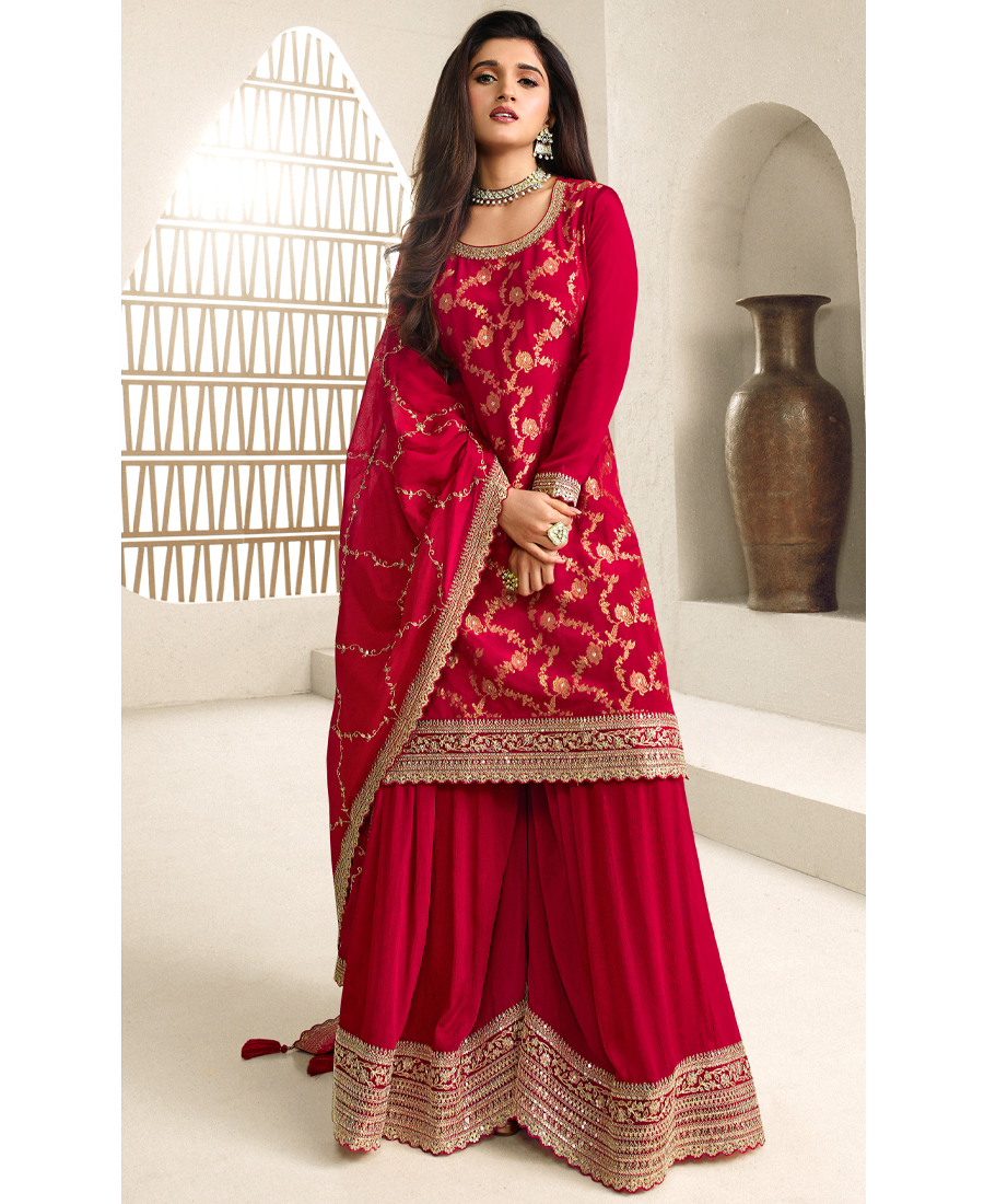 Designer Jeqaurd Red Palaazo Suit For Women Ethnic Wear - Image 2