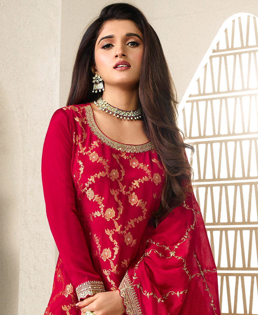 Designer Jeqaurd Red Palaazo Suit For Women Ethnic Wear - Image 3