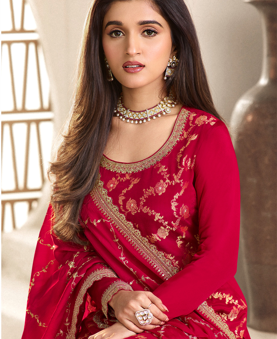 Designer Jeqaurd Red Palaazo Suit For Women Ethnic Wear