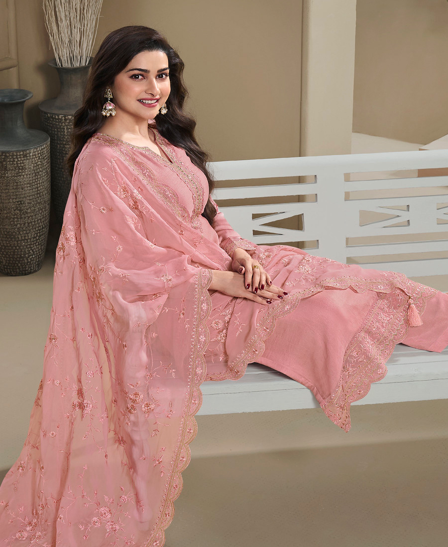 New Wedding Wear Peach Crep Silk Straight Suit For Women - Image 4