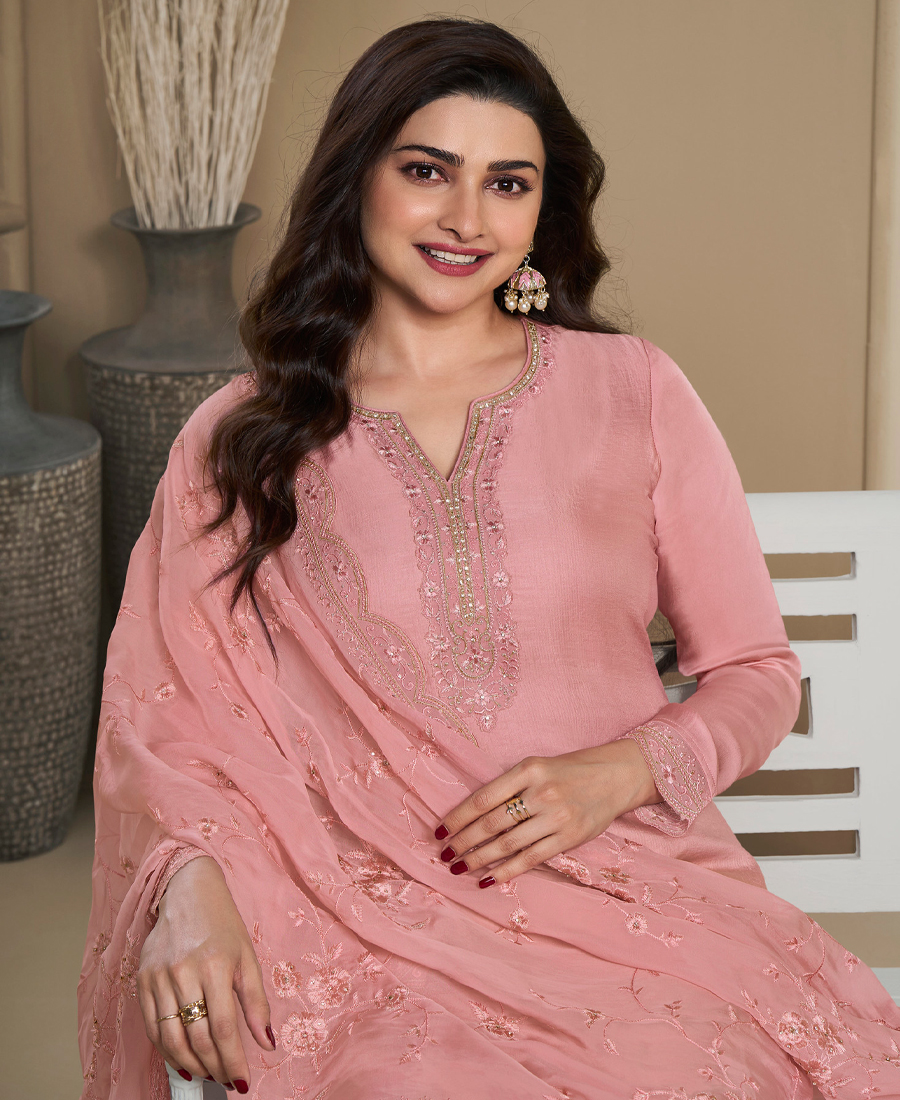 New Wedding Wear Peach Crep Silk Straight Suit For Women - Image 3