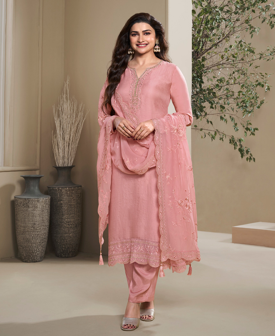 New Wedding Wear Peach Crep Silk Straight Suit For Women - Image 2