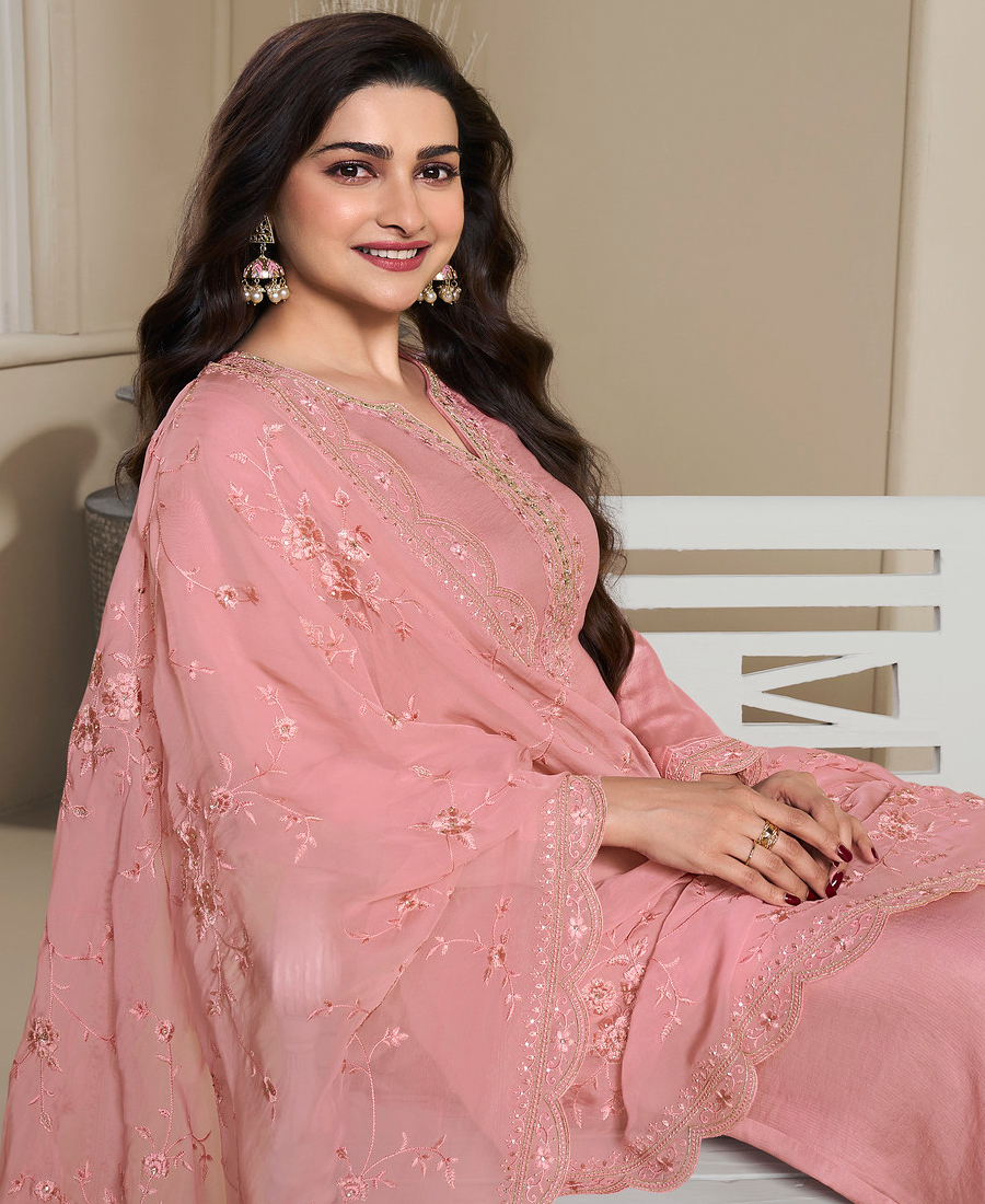 New Wedding Wear Peach Crep Silk Straight Suit For Women