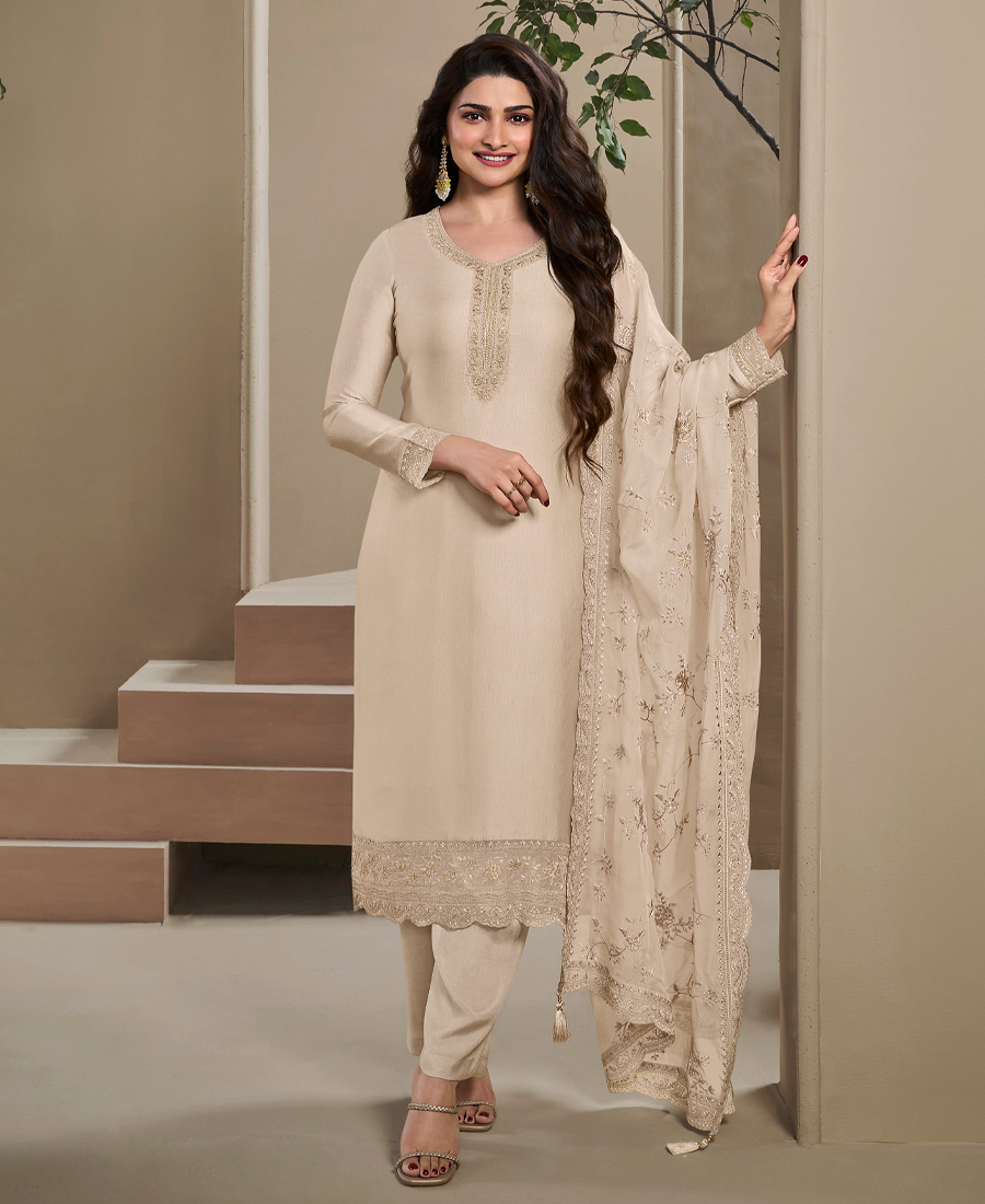 New Wedding Wear Off White Crep Silk Straight Suit For Women - Image 2