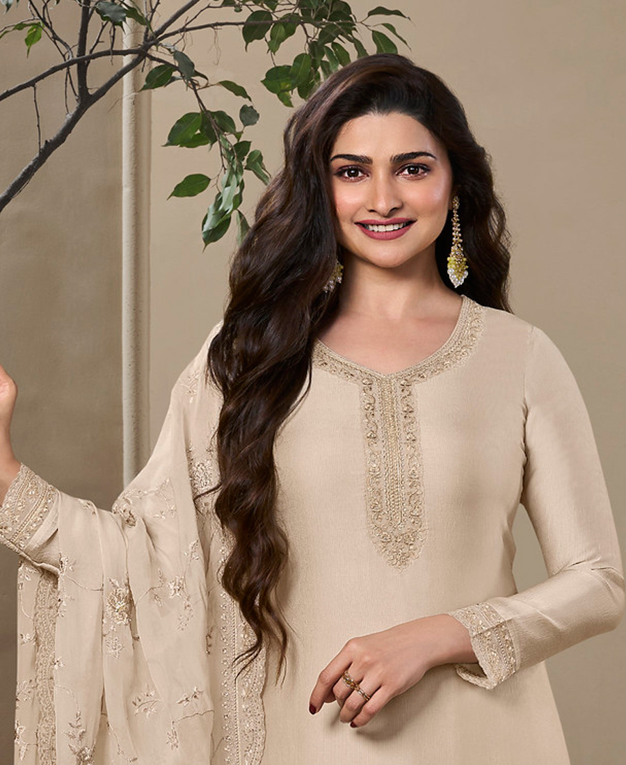 New Wedding Wear Off White Crep Silk Straight Suit For Women - Image 3