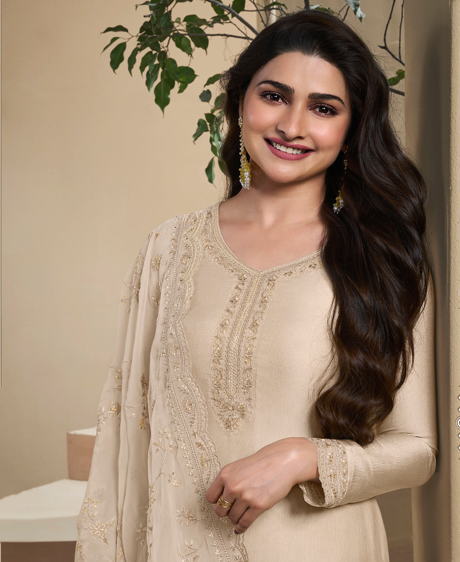 New Wedding Wear Off White Crep Silk Straight Suit For Women