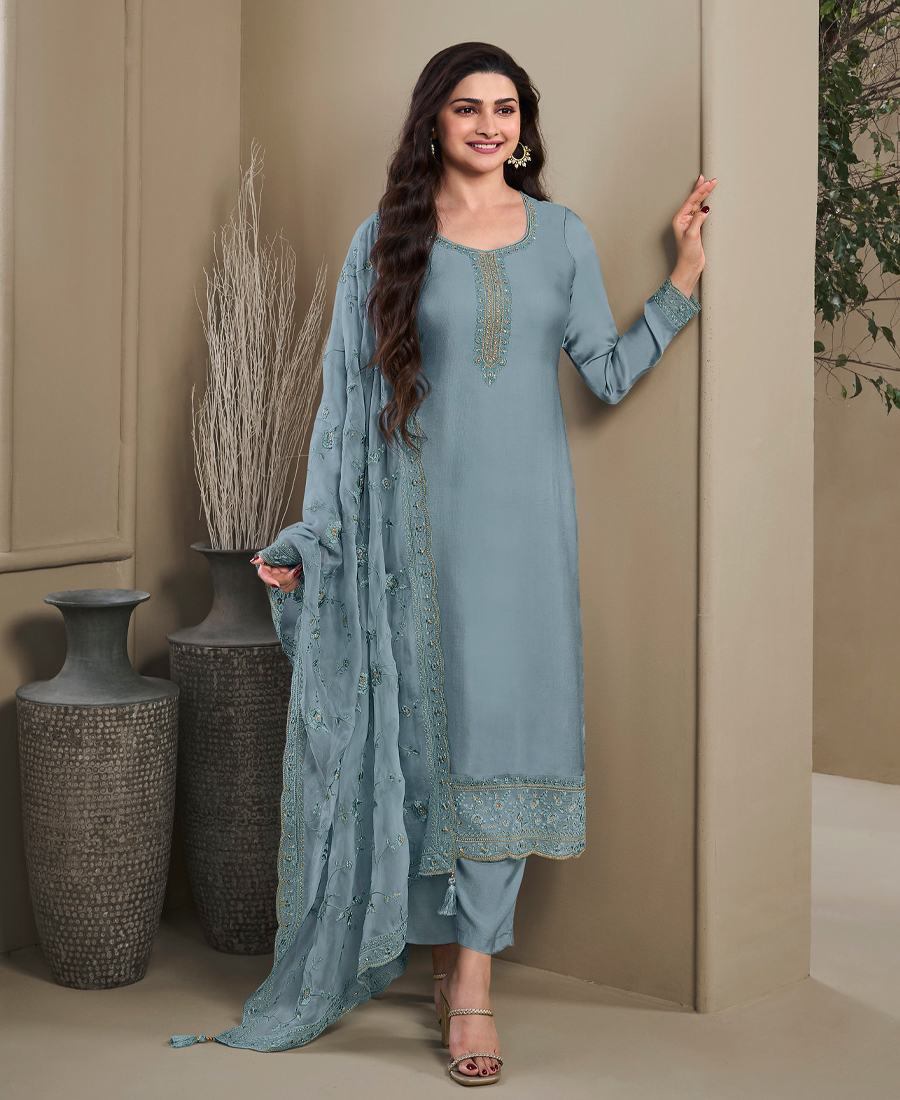 New Wedding Wear Sky Blue Crep Silk Straight Suit For Women - Image 3