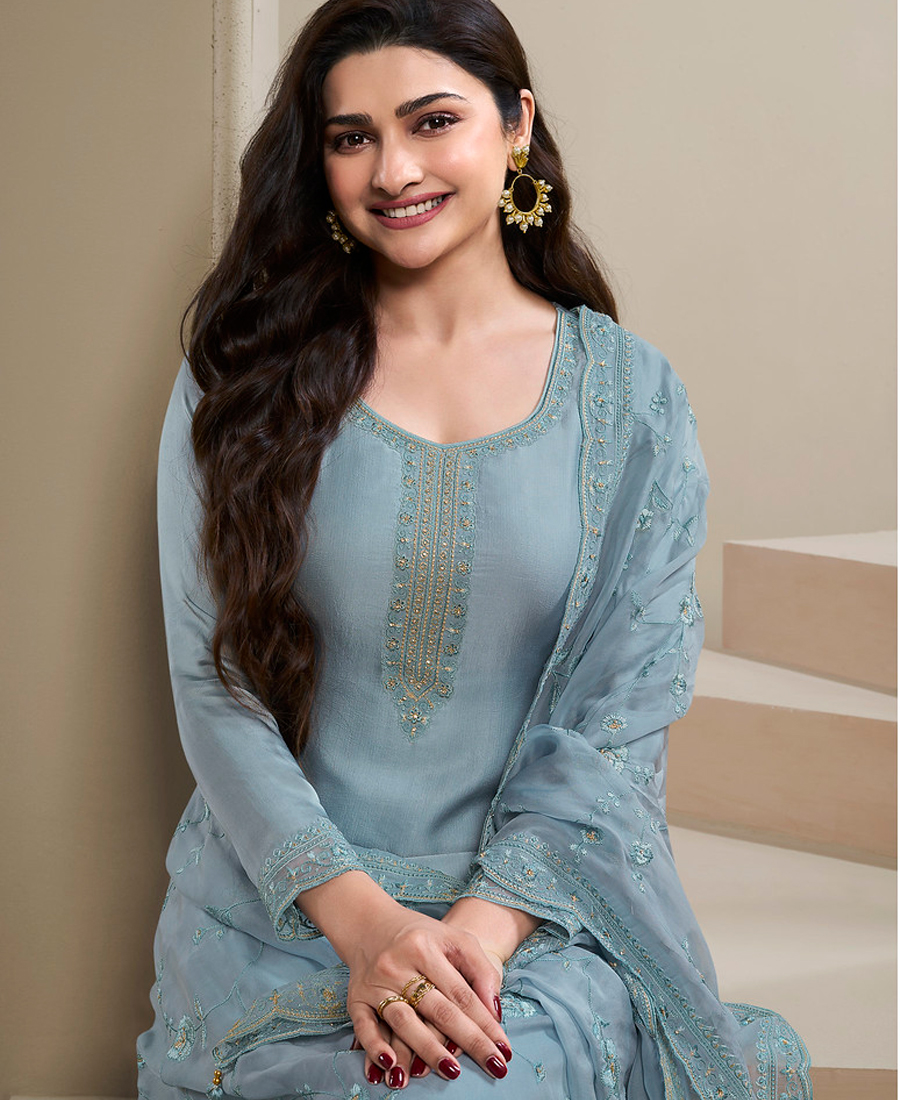 New Wedding Wear Sky Blue Crep Silk Straight Suit For Women - Image 2