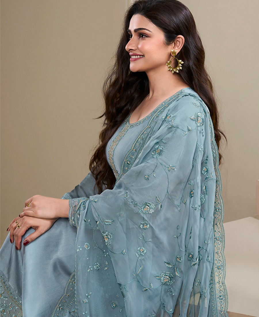 New Wedding Wear Sky Blue Crep Silk Straight Suit For Women