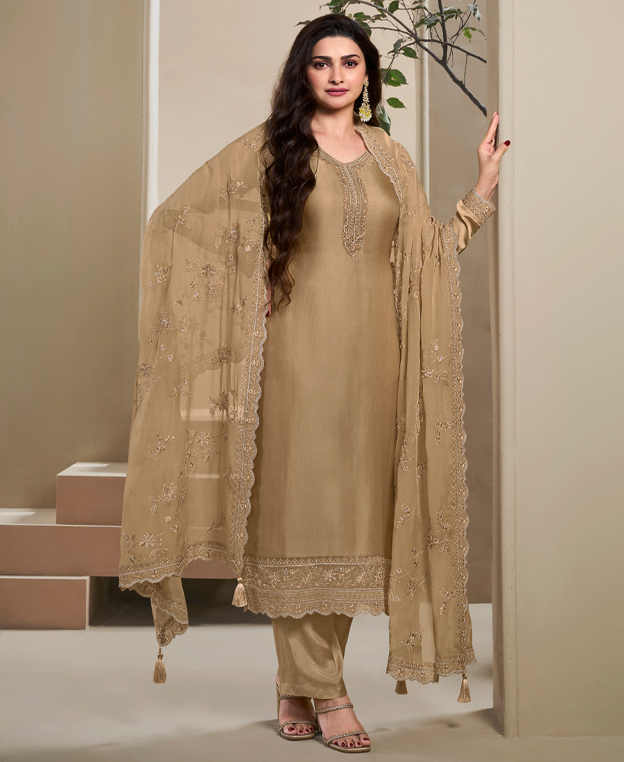 New Wedding Wear Brown Crep Silk Straight Suit For Women - Image 2