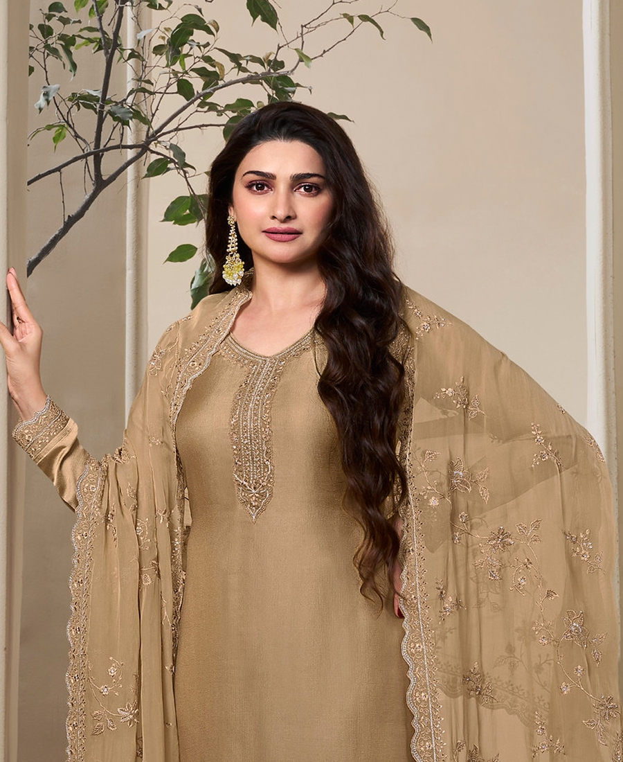 New Wedding Wear Brown Crep Silk Straight Suit For Women - Image 3