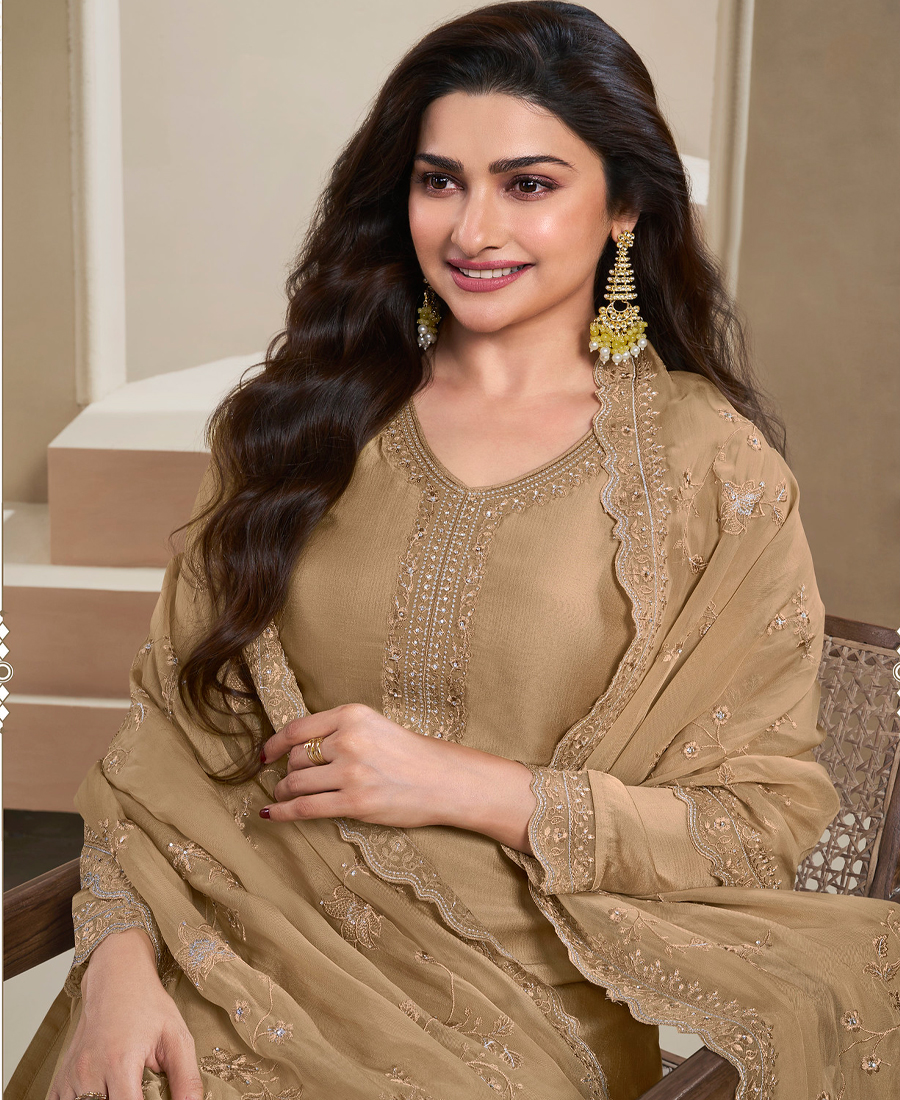 New Wedding Wear Brown Crep Silk Straight Suit For Women