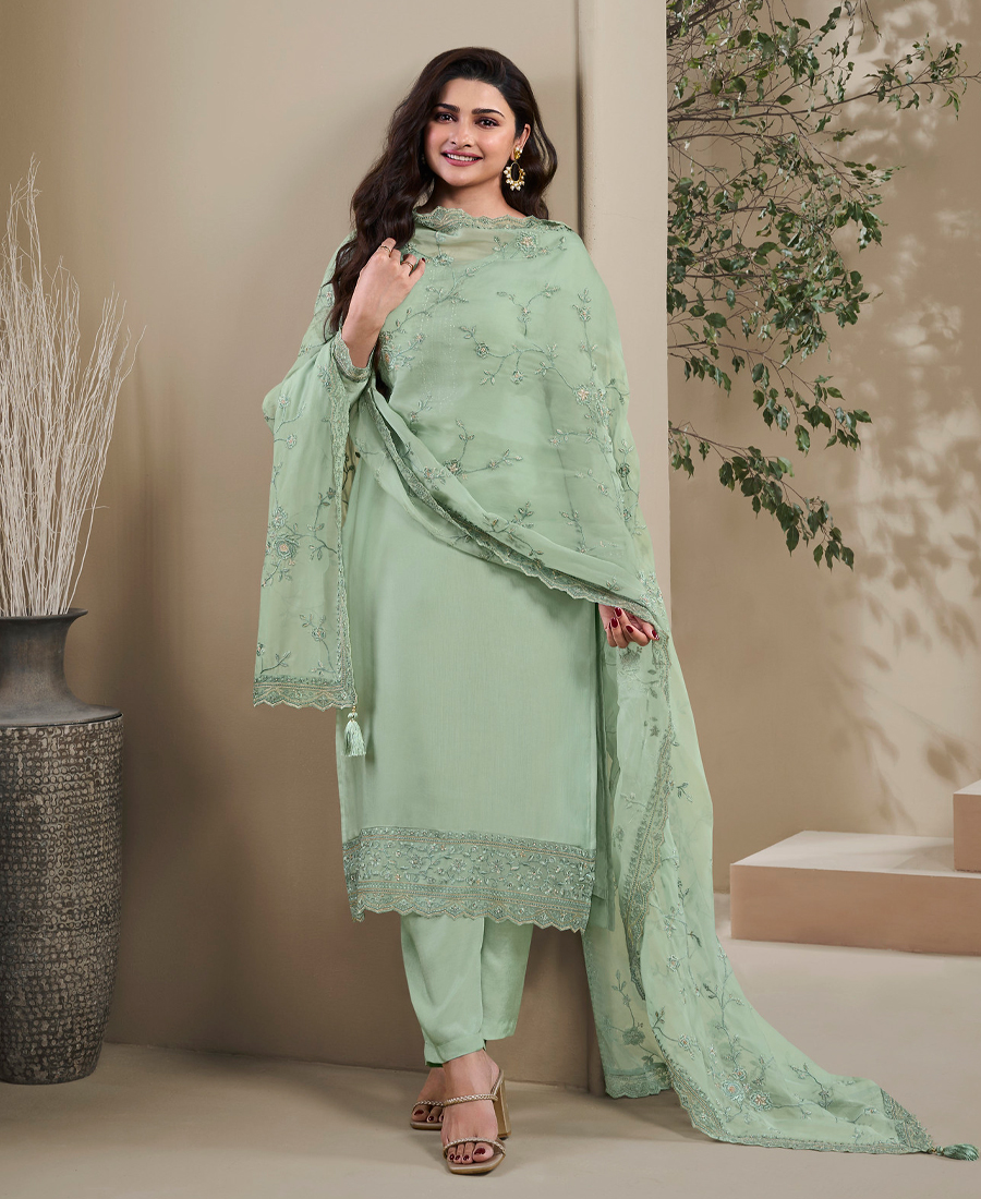 New Wedding Wear Pista Green Crep Silk Straight Suit For Women - Image 2