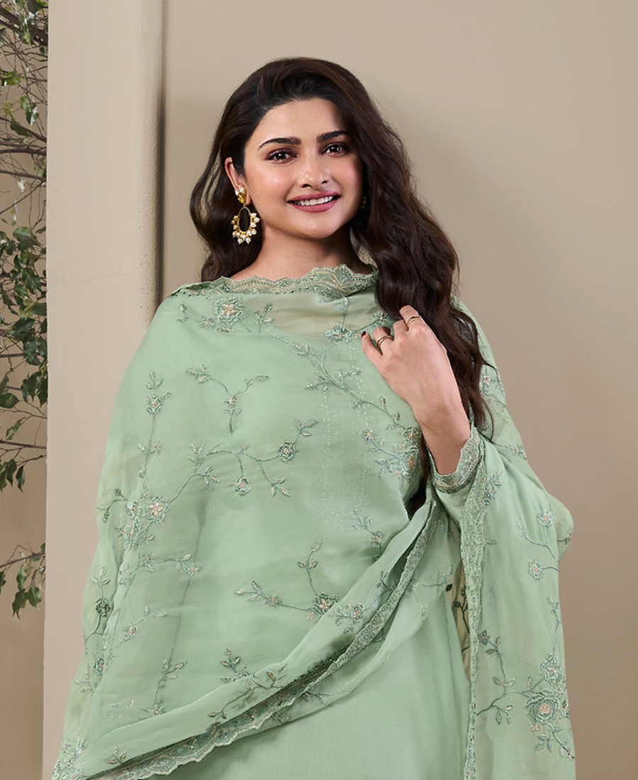 New Wedding Wear Pista Green Crep Silk Straight Suit For Women - Image 3