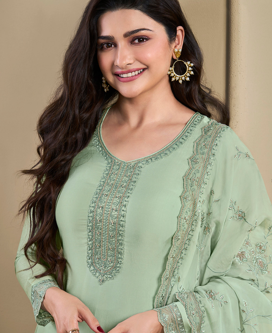 New Wedding Wear Pista Green Crep Silk Straight Suit For Women