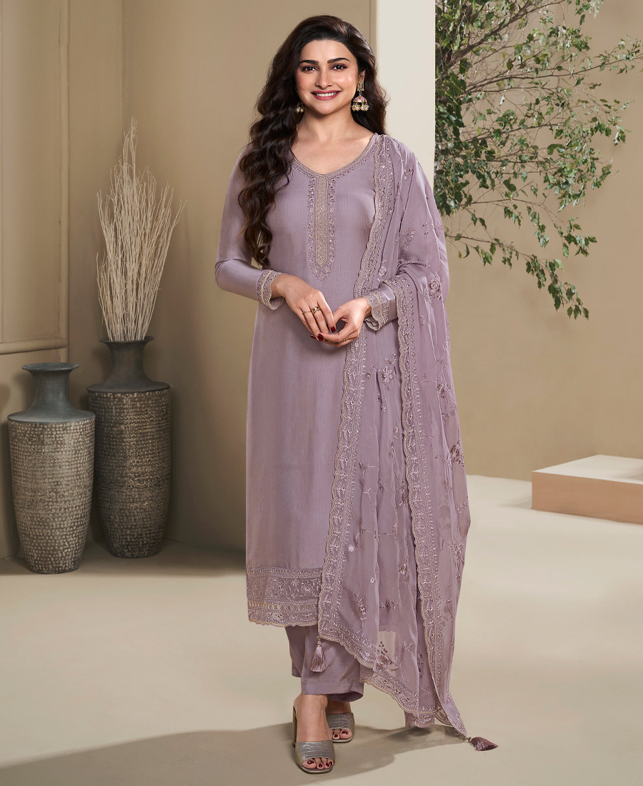 New Wedding Wear Lilac Crep Silk Straight Suit For Women - Image 3