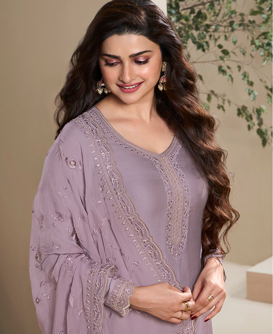 New Wedding Wear Lilac Crep Silk Straight Suit For Women - Image 2