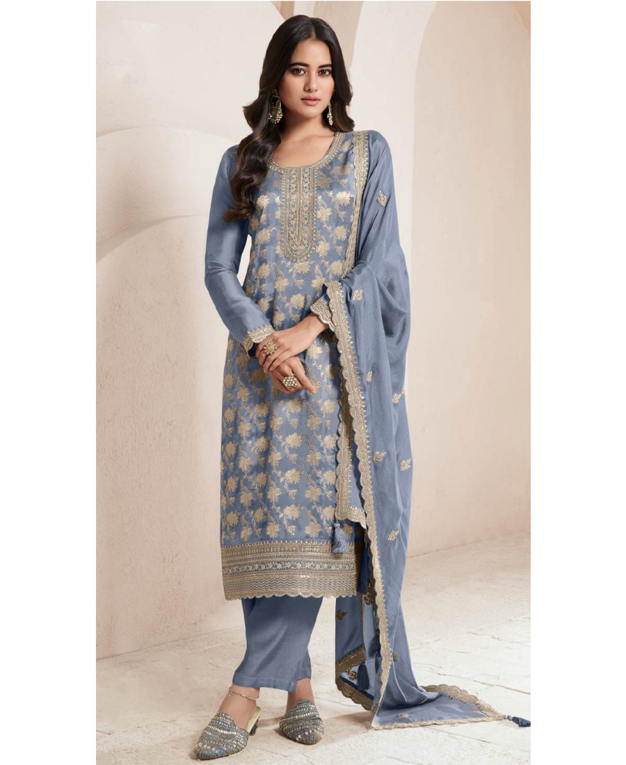 Fancy Baby Blue Banarasi Silk Straight Suit For Women Ethnic Wear