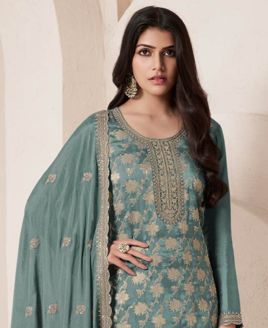 Fancy Pista Green Banarasi Silk Straight Suit For Women Ethnic Wear - Image 2