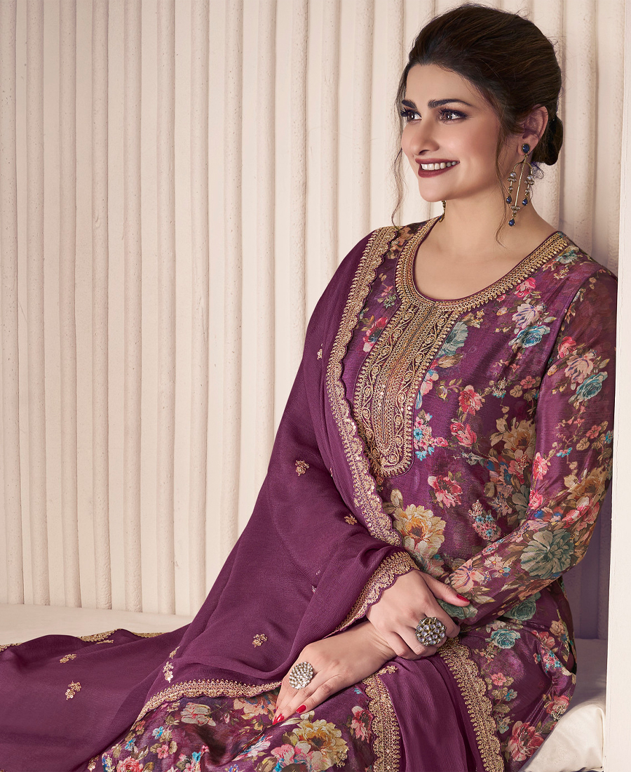 Floral Printed Magenta Long Suit For Women Chinon Fabric