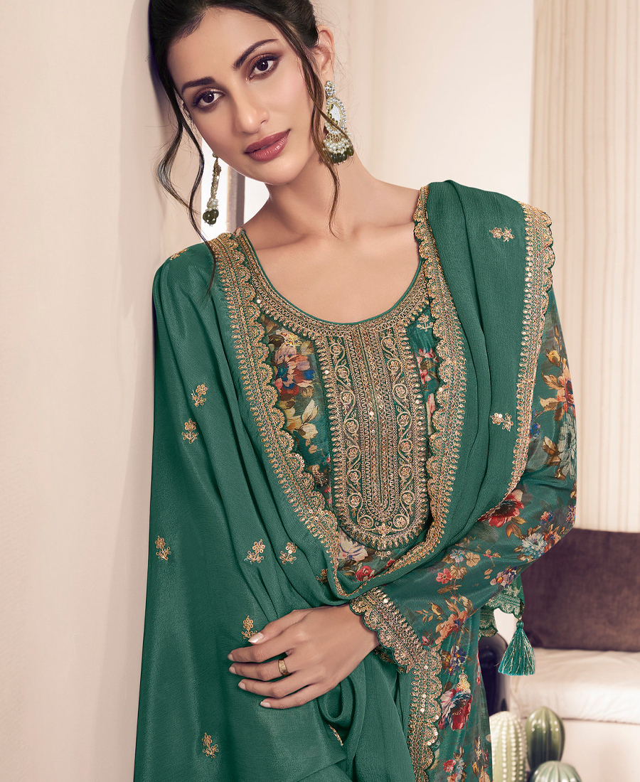Floral Printed Green Long Suit For Women Chinon Fabric