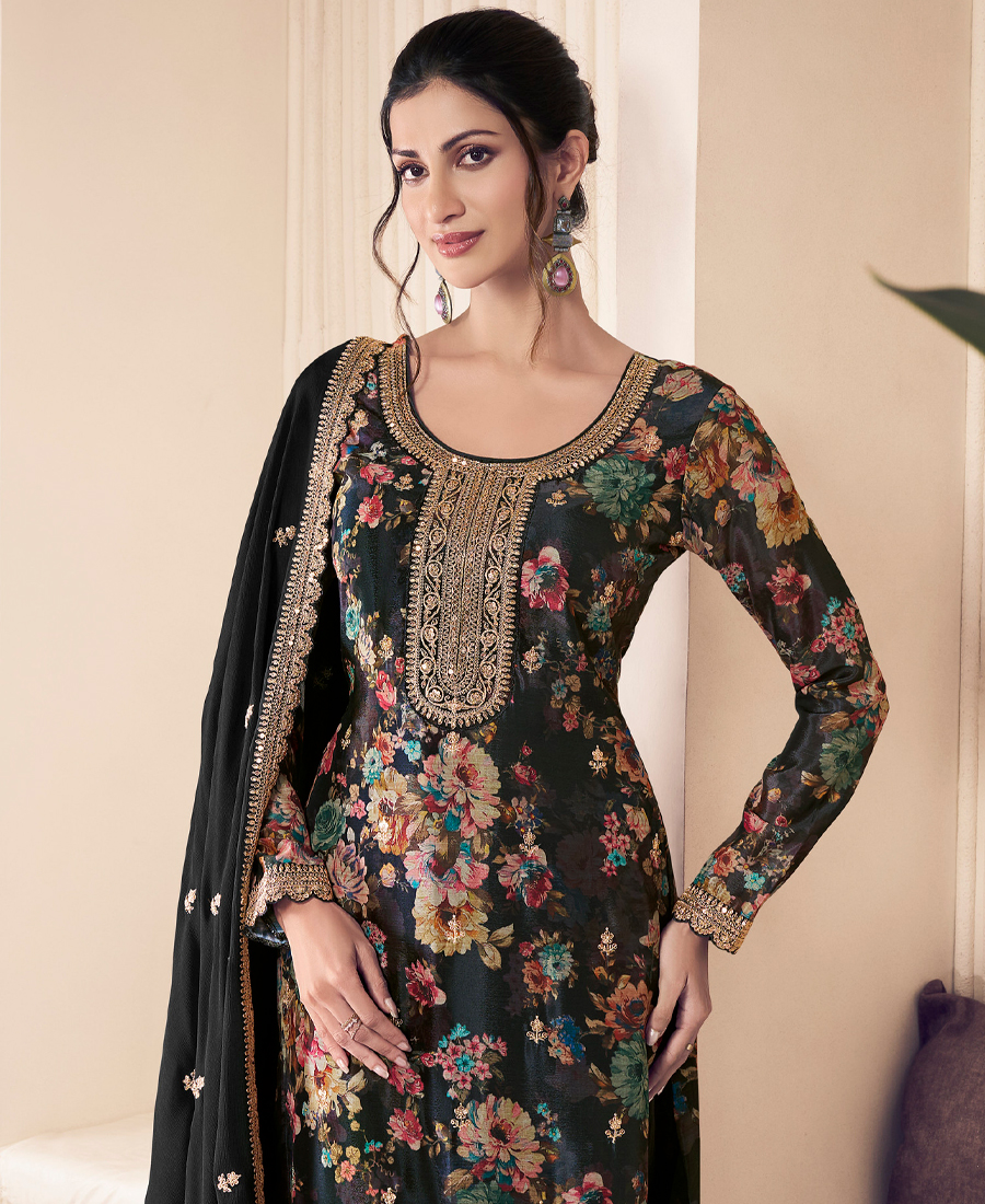 Floral Printed Black Long Suit For Women Chinon Fabric