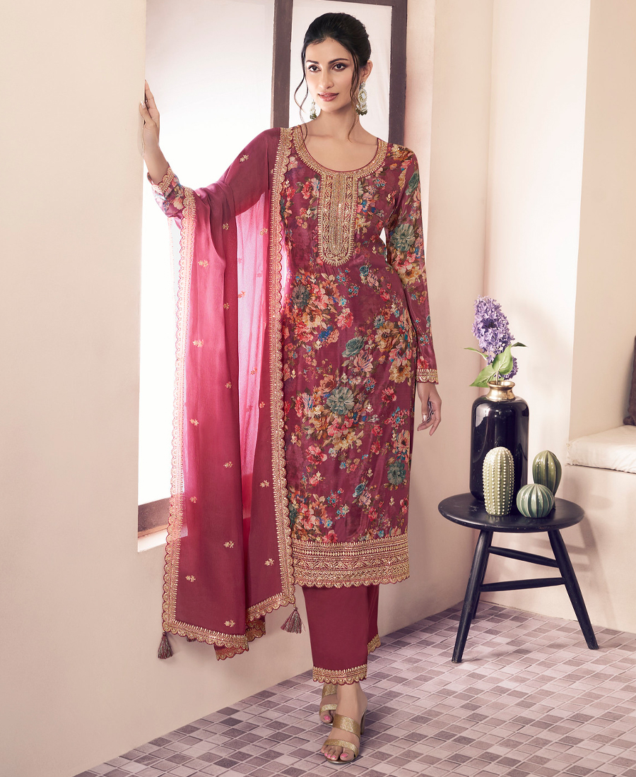 Floral Printed Red Long Suit For Women Chinon Fabric - Image 2