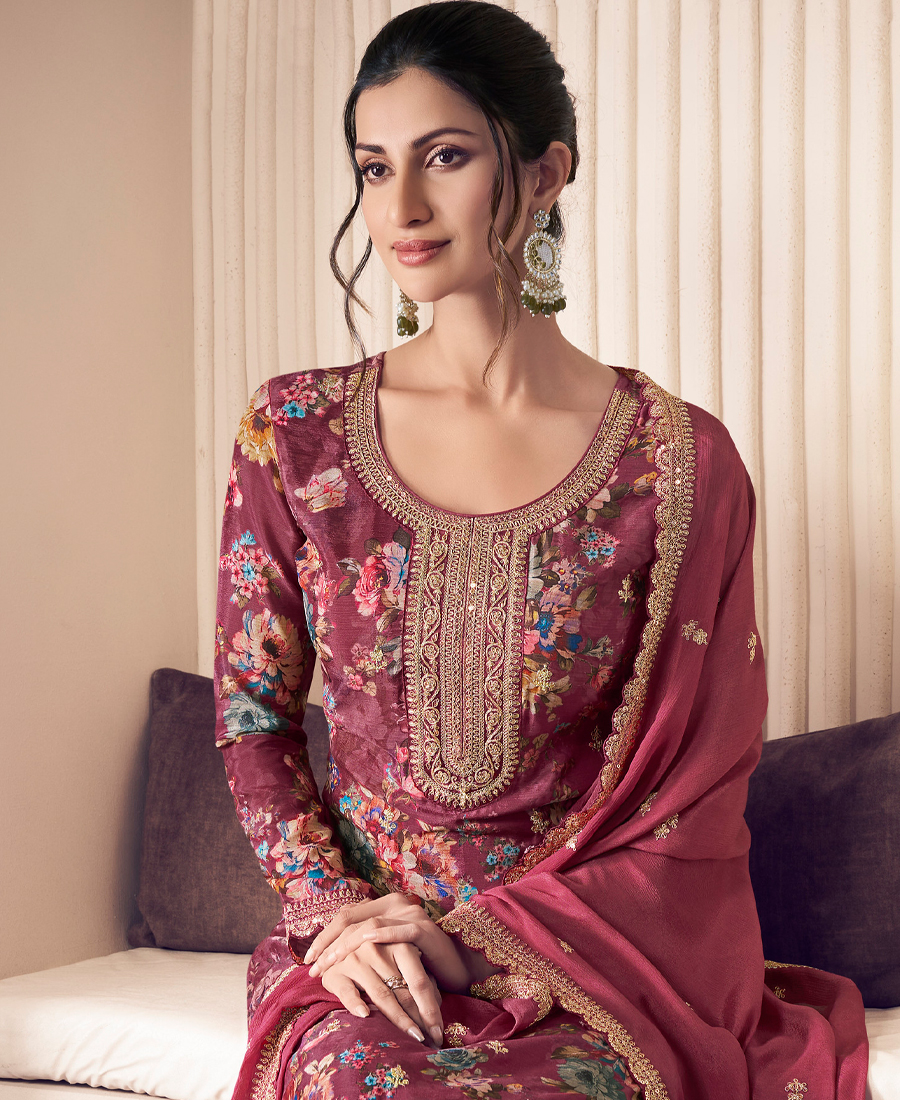 Floral Printed Red Long Suit For Women Chinon Fabric - Image 3