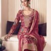 Floral Printed Red Long Suit For Women Chinon Fabric